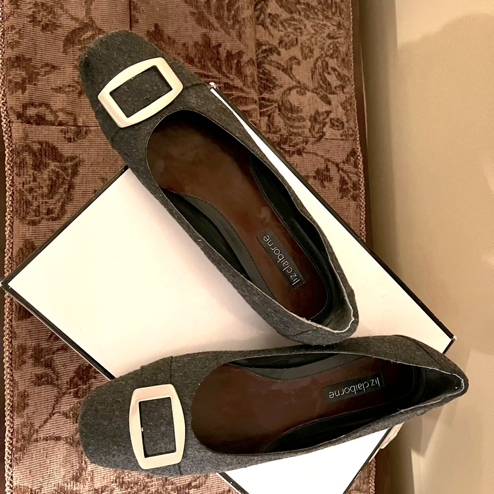 Liz Claiborne Rich Gray Wool Fabric Slip On with Brushed Silver Buckle accent